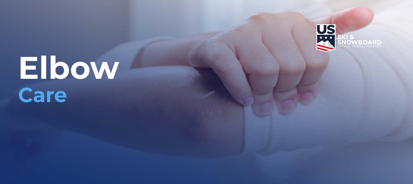 A close-up shot of a person performing a self massage on their arm. Text overlay reads "Elbow Care" with a US Ski & Snowboard logo.