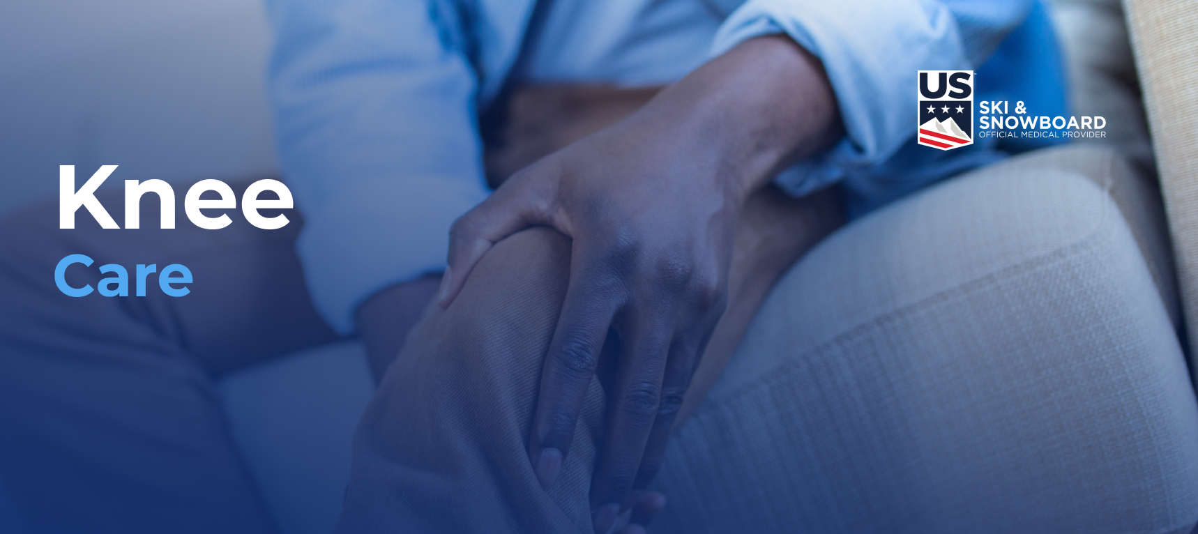 A male patient clutching his knee due to pain or discomfort. Text overlay reads "Knee Care" with a US Ski & Snowboard logo.