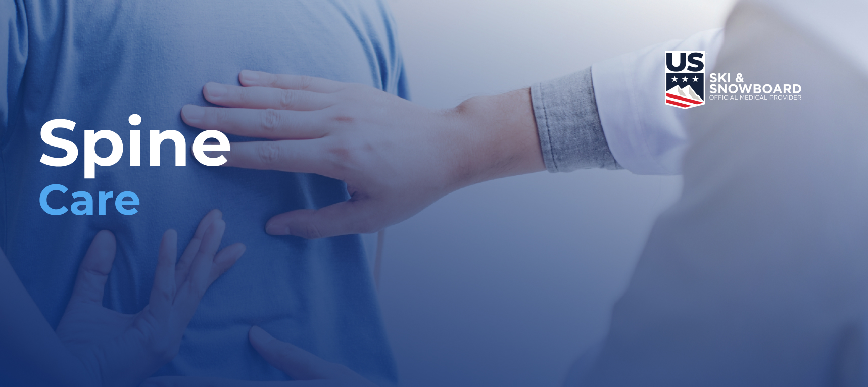 A patient getting his back examined by a doctor. Text overlay reads "Spine Care" with a US Ski & Snowboard logo.